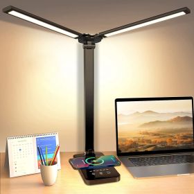 Double Head Desk Lamp with Wireless Charging USB Charging Port 5 Color 5 Brightness Eye-Caring Flexible Reading Lamp Foldable Time Setting Table Worki