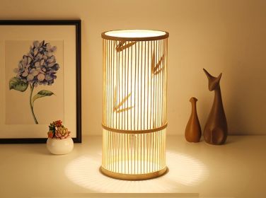 Tea Room Bamboo Woven Table Lamp Study Night Light Adjustable Light Warm Zen Bedside Lamp (Option: Bamboo leaf style large-Push button switch)