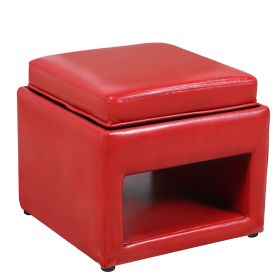 Stylish Faux Leather Upholstered Storage Ottoman with Tray Square Footrest Stool (Color: Red)