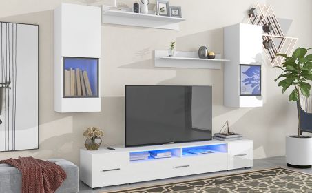 ON-TREND Extended, Minimalist Style 7 Pieces Floating TV Stand Set (Color: as Pic)