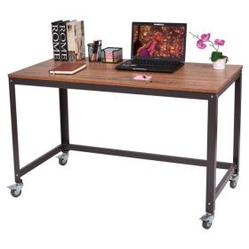 Wood Top Metal Frame Rolling Computer Desk Laptop Table (Color: Brown)